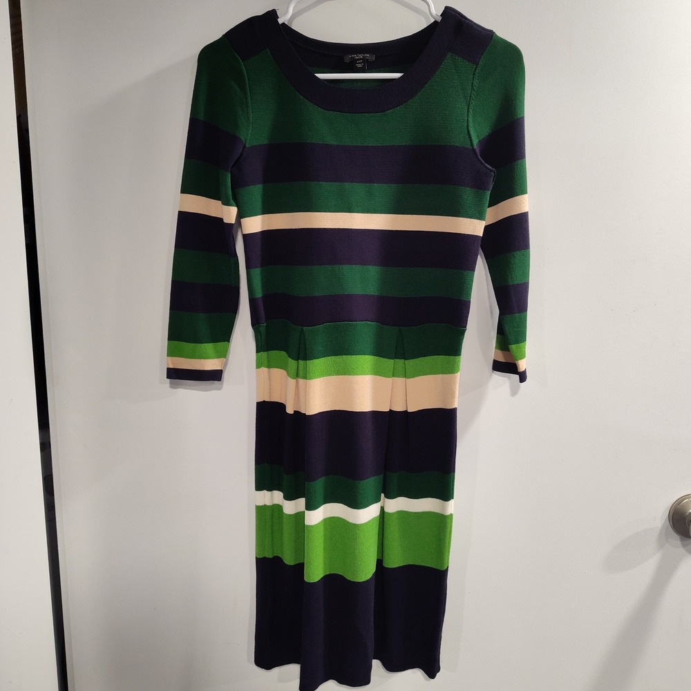 Ann Taylor Petite Green Navy Striped Knit Sheath Dress XXSP 3/4 Sleeve